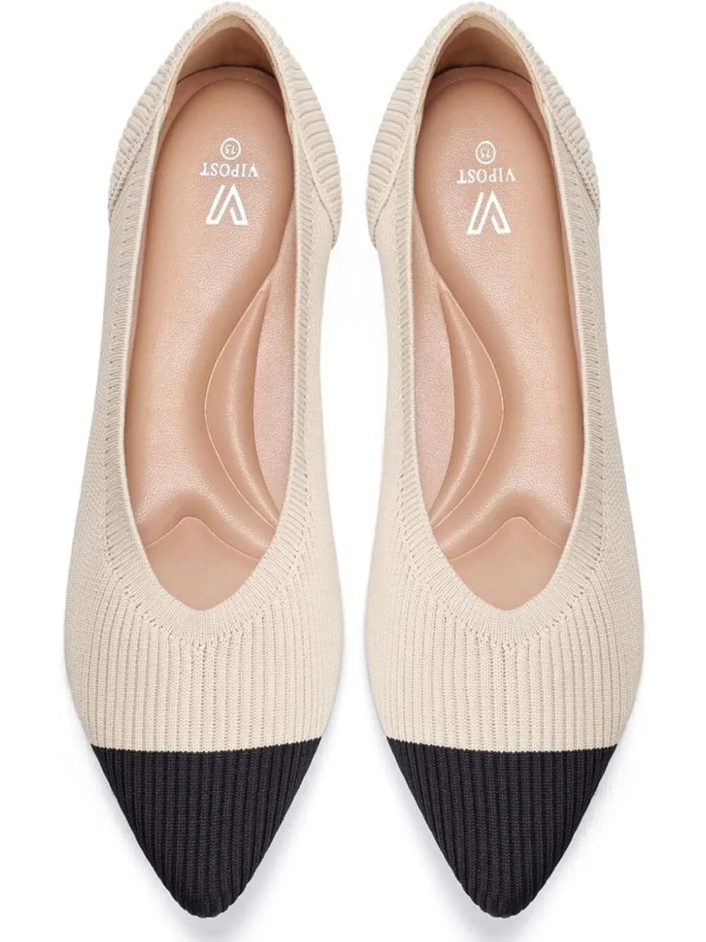 Women's Beige Black Pointed Toe Comfort Foldable Slip On Knit Ballet Flat Shoes - Picture 1 of 6